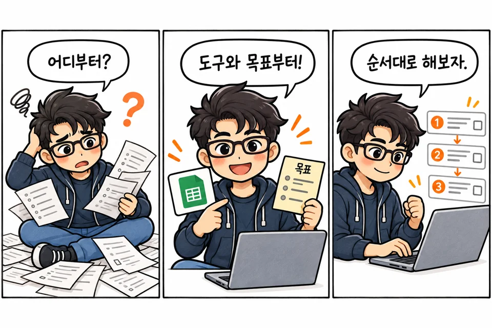 도구와 목표를 함께 알려 주고 안내받은 순서를 따라가는 캐릭터.