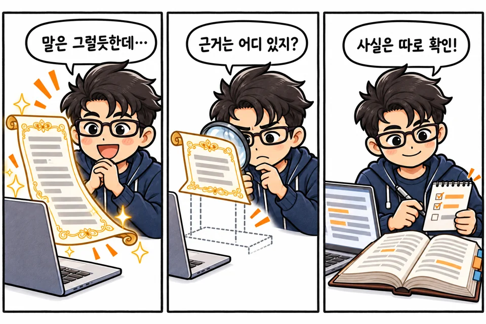 답변을 읽던 캐릭터가 잠깐 멈춘 뒤 책을 펼쳐 내용을 대조하는 만화.