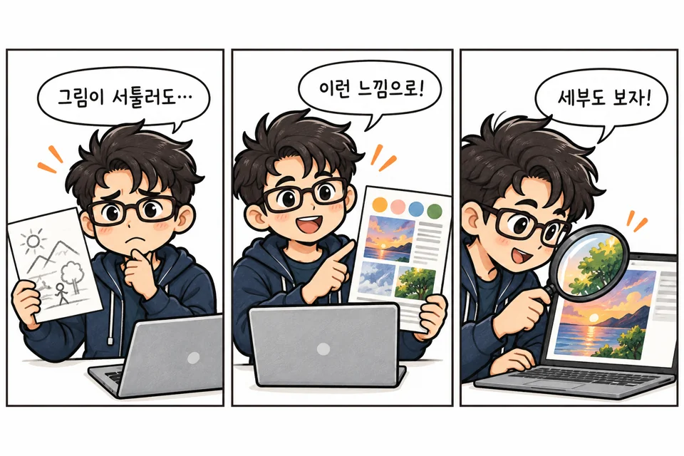 간단한 스케치에 원하는 분위기를 보탠 뒤 완성 그림의 세부를 살피는 캐릭터.