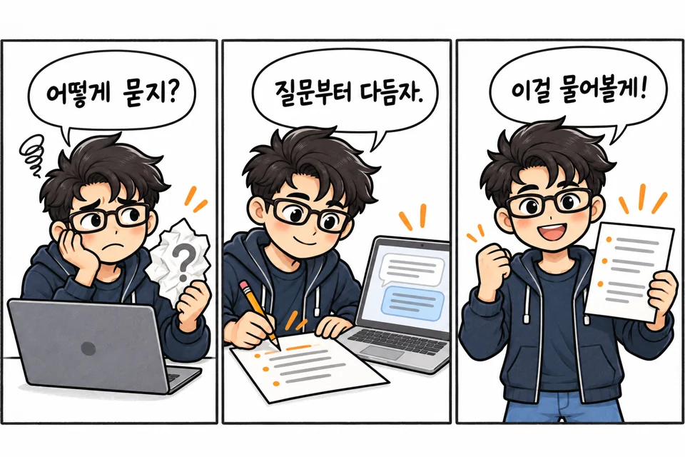 캐릭터가 구겨진 질문 종이를 펴고 AI와 대화하며 질문을 구체적으로 다듬는 만화.
