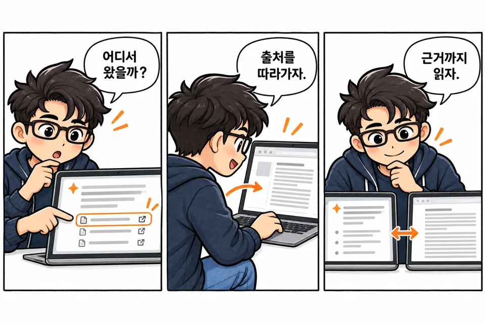 캐릭터가 요약의 출처 표시를 따라 원문을 펼치고 두 내용을 나란히 비교하는 만화.