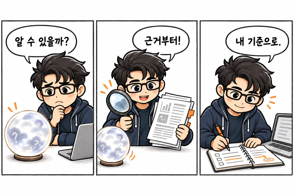 캐릭터가 수정구를 내려놓고 돋보기로 자료를 살피며 자신의 판단 기준을 적는 만화.
