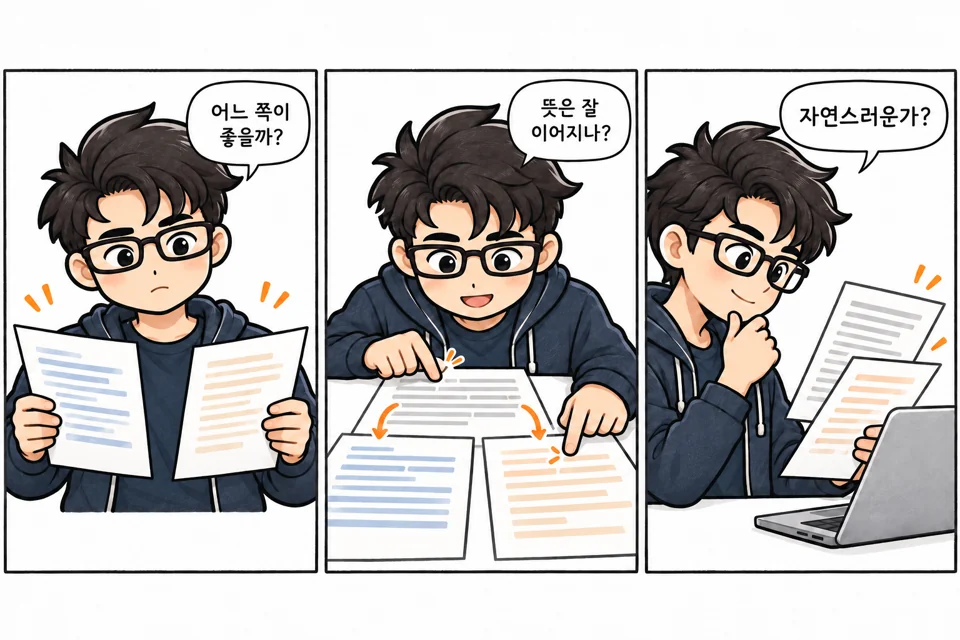 캐릭터가 같은 원문에서 나온 두 번역을 나란히 놓고 문장을 읽으며 비교하는 만화.