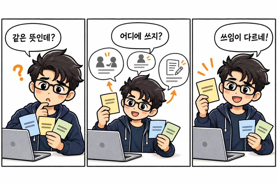 비슷한 단어 카드를 서로 다른 상황에 맞춰 보며 차이를 이해하는 캐릭터.